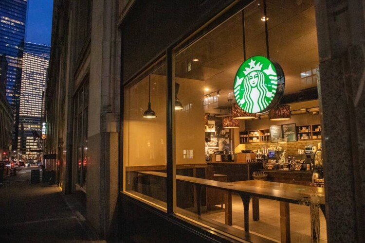 A Starbucks store stands empty, still impacted by remote work